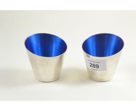 Pair of Danish hallmarked blue enamel beakers, 6.5cm high 