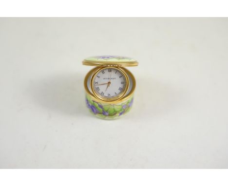 Moorcroft enamel box clock, date cipher for 2018, 5cm diameter 