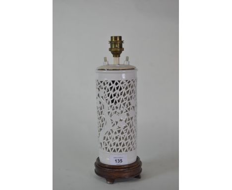 Antique pierced porcelain vase coverted to a lamp, 27cm high overallwires cut.Shipping not available on this lot. 
