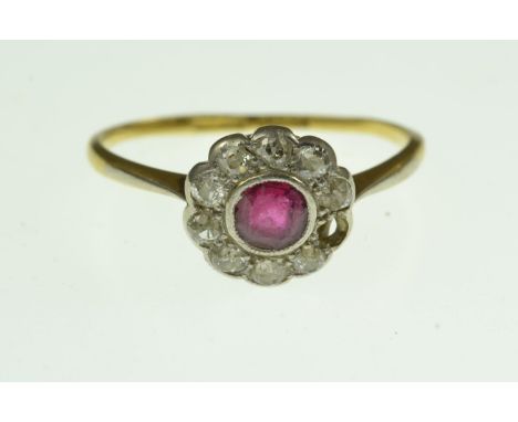 18ct gold, ruby & diamond ring, size P1/2, 2.22 grams, one diamond deficientone diamond deficient & band misshapen & with wea