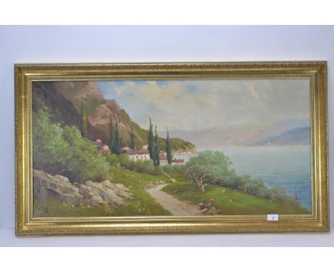 Mediterranean landscape oil on canvas by Sara Leighton, (born 1937)  (English society portrait painter.) 111cm x 59cm includi