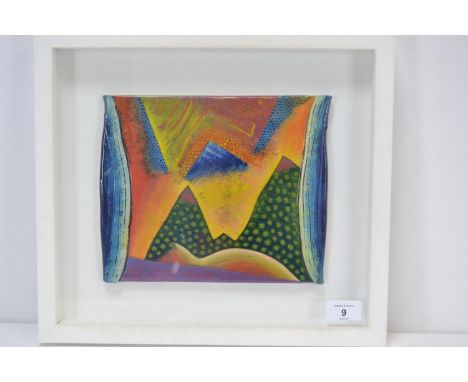 Framed John Pollex 'All Along the Watchtower' ceramic screen - geometric design in vibrant colours.  Purchased from studio fo
