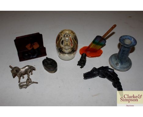A heavy glass paperweight; a Conway Celtic candlestick; a miniature pie dish etc.