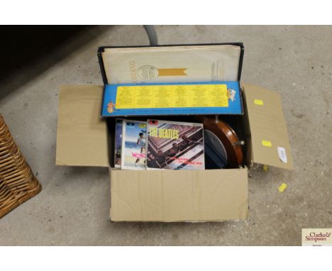 LP records, tapes including "The Beatles", a box Brownie camera, a barometer etc.