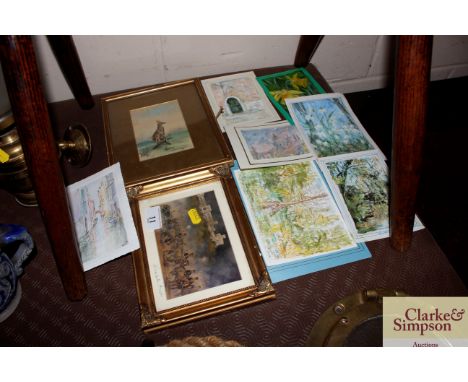 Elizbeth Ansell limited edition print, military scene; a small watercolour study of a kangaroo and other unframed watercolour