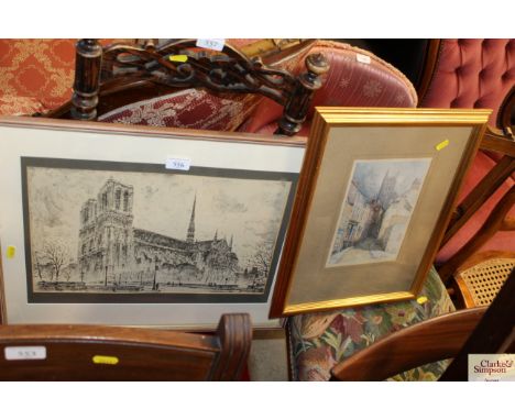 A framed print depicting a street scene; and another framed and glazed print 