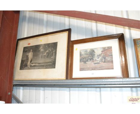 A pair of oak framed coloured rural prints; and a Victorian print "A Passing Cloud"