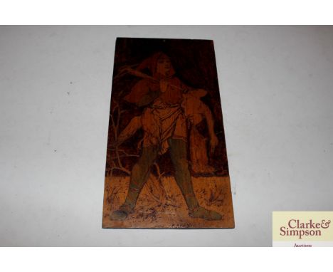 A small painted panel depicting a boy with crossbow 