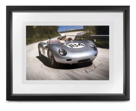 Superb photograph of Derek Bell driving a Porsche 718 on the Targa Florio hand signed by Derek Bell. 18x12in print, framed an