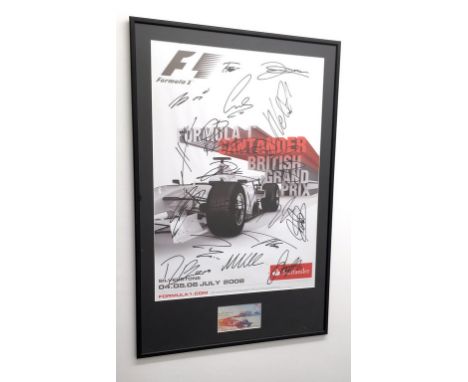Multi-signed poster from the Drivers Club at the British Grand Prix, Silverstone 2008, framed and glazed along with the entry