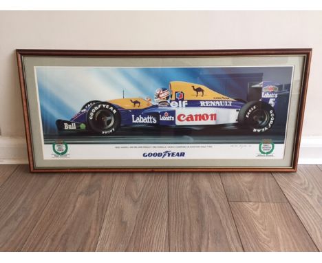 Nigel Mansell CBE and Williams FW14B Goodyear World Champion limited edition print No. 286/300, framed and glazed, 100cmx45cm