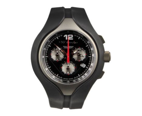 Swiss made Porsche watch with 911 turbo logo to the black dial. Titanium case with screw down case back. Black rubber strap. 