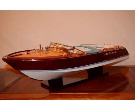 A Riva Aquarama Lamborghini scale model boat, in 1/10 scale. Hand built from hardwood using traditional plank on frame method