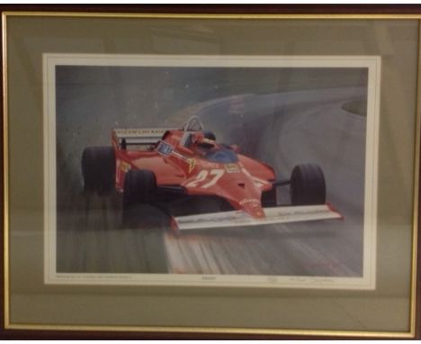 A Gilles Villeneuve limited edition print 207/350 signed by the artist Arthur Benjamin showing Gilles at his best, framed and