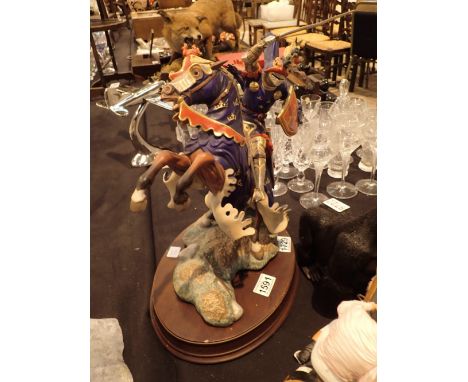 Rare Franklin Mint horse figurine on wooden plinth embellished in 24ct gold entitled King Arthur H: 44 cm A/F CONDITION REPOR