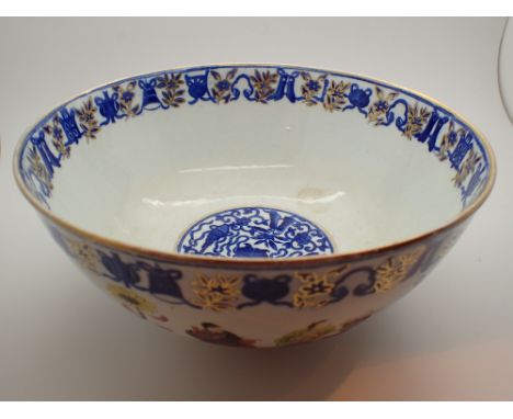 19thC Chinese Export porcelain bowl with enamel painted figures flowering boughs and floral sprigs in blue and gilt D: 23 cm