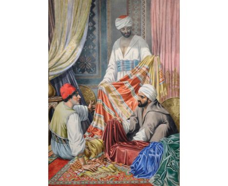 Arthur Barrett (19th - 20th Century) British. An Interior Scene, with Middle Eastern Carpet Sellers, Watercolour, Signed, 20.