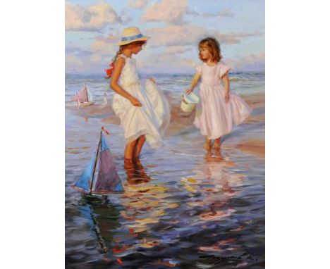 Konstantin Razumov (1974    ) Russian. "Two Girls on the Beach Playing with Toy Yachts", Oil on Canvas, Signed, Signed and In