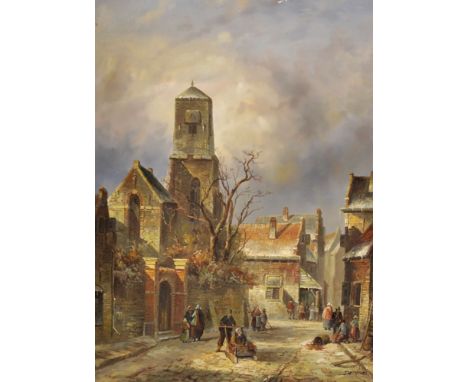 De Vries (20th Century) Dutch. Winter Street Scene with Figures, Oil on Panel, Signed, 15.5" x 11.5".