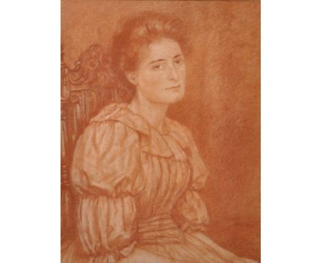 Circle of Edward Robert Hughes (1851-1914) British. Bust Portrait of a Seated Young Lady, Red Crayon, Signed with Monogram 'C