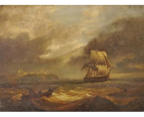 Manner of Thomas Buttersworth (c.1768-1842) British. Shipping off the Coast, Oil on Panel, 11.75" x 15.5".