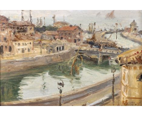 Manner of Maurice Utrillo (1883-1955) French. A Harbour Scene with Sailing Boats in the Distance, Oil on Panel, Bears a Signa