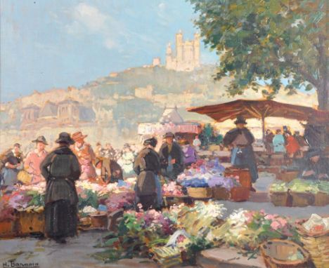 Henri Alphonse Barnion (1882-1940) French. "The Flower Market, South of France", with Figures in the foreground, a Hilltop Ca