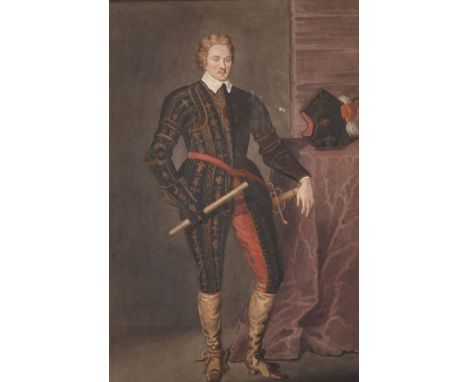 T... Athow (Exh. 1802-1882) British. Portrait of Henry, Son of James I, Standing in Ceremonial Clothes in an Interior, Waterc