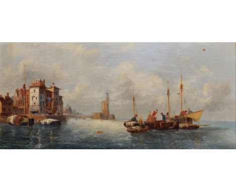 Anton Schoth (1859-1906) German. A Continental Coastal Scene with Shipping, Oil on Panel, Signed, 9" x 18".