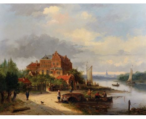 Charles Henri Joseph Leickert (1816-1907) Belgian. A Dutch River Landscape, with Figures and Boats in the foreground, and a H