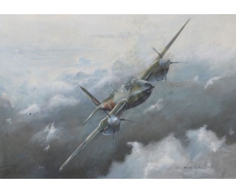 Colin Doggett (1947    ) British. "Mosquito Night Fighter", A Twin Engine Combat Aircraft Bomber in Flight, Mixed Media, Sign
