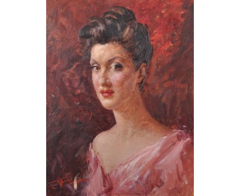 20th Century Continental School. A Bust Portrait of a Lady in Pink, Oil on Artist's Board, Indistinctly Signed, Unframed, 15.