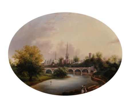 R...M...Coney (19th Century) British. A River Landscape with Figures in the foreground and a Train Crossing a Bridge in the D