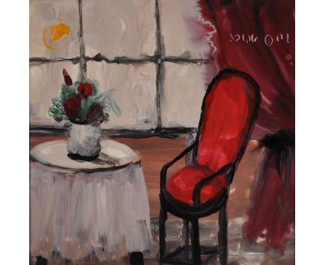 20th Century Continental School. Interior Scene with Flowers on a Table and a Red Chair, Oil on Ceramic Tile, Indistinctly Si