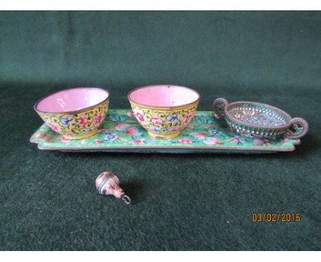 Green enamel floral decorated pen tray, 2 yellow ground enamel cups, gilt metal and painted enamel "scent" with suspension ri