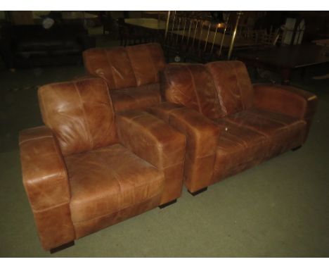Modern 3 piece suite of light brown leather arm chair and pair of 2 seater leather sofas 90cm x 60cm