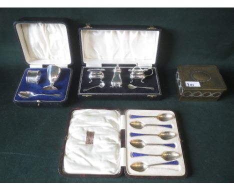 Set of 6 hallmarked silver tea spoons cased, silver Christening set cased, and silver cruet set cased and brass trinket box 8