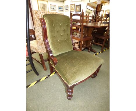 Victorian mahogany framed button back nursing chair upholstered in green velvet