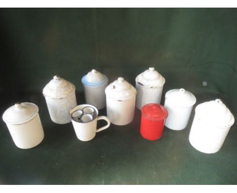 Assorted enamel pans and canisters and 3 wooden and wicker baskets