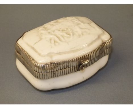 Porcelain and white metal turned snuff box 3 cm H x 7 cm L