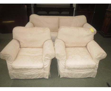 3 piece suite of 2 armchairs and 3 seater sofa in loose cream fabric with spare yellow set