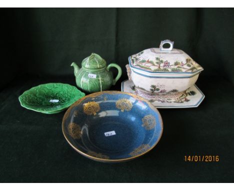 Portuguese dish and cover, Royal Worcester blue and gilded bowl, tea pot and dish (bowl cracked)