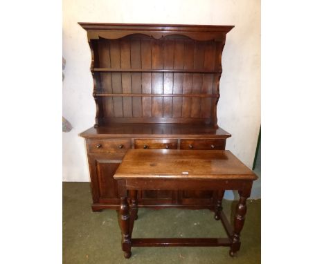 Edwardian oak side table 74cm x 90cm , oak dresser with shelf top and 3 single drawer cupboard base 183cm x 138cm