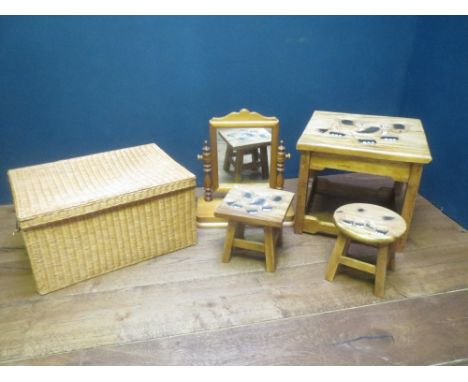 Teak child's table and stools, pine dressing mirror and wicker basket