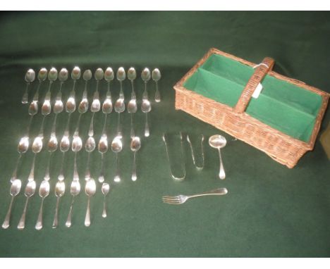 Quantity of mixed hallmarked silver spoons, sauce ladle and sugar tongs 24ozt