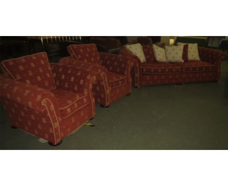 Large 3 piece suite of 2 arm chairs and 4 seater sofa upholstered in burgundy fabric