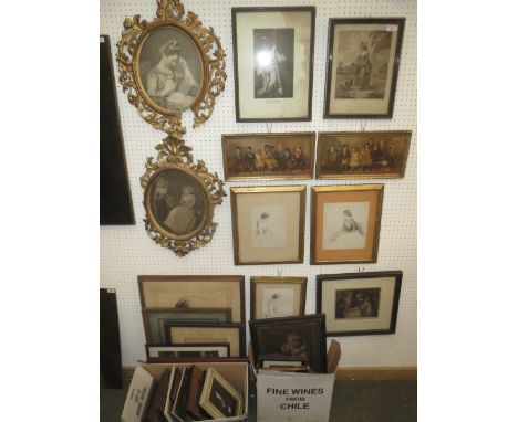 Early C19 School - A pair of stipple engravings in gilt wood frames, C19th School - Pair of coloured stipple engravings of ch