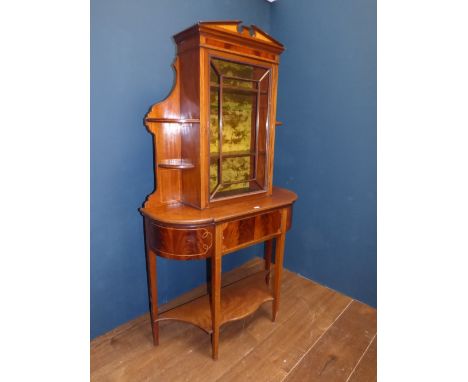 Sheraton revival mahogany and satinwood inlaid standing cabinet with broken arch pediment, over a single astragal glazed door