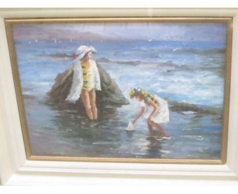 An oil painting portrait of children paddling at the seaside 27cm x 36cm