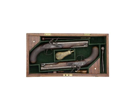 A Cased Pair Of Flintlock Officer's Pistols Of Carbine BoreSigned Smith, London, Early 19th CenturyWith rebrowned sighted bar